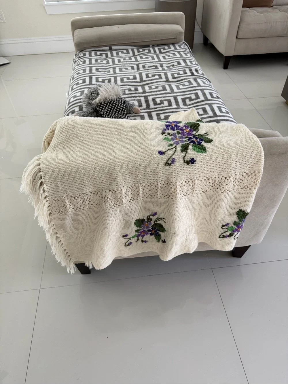Embroidered Floral Crochet throw blanket- Purple & Green Violets